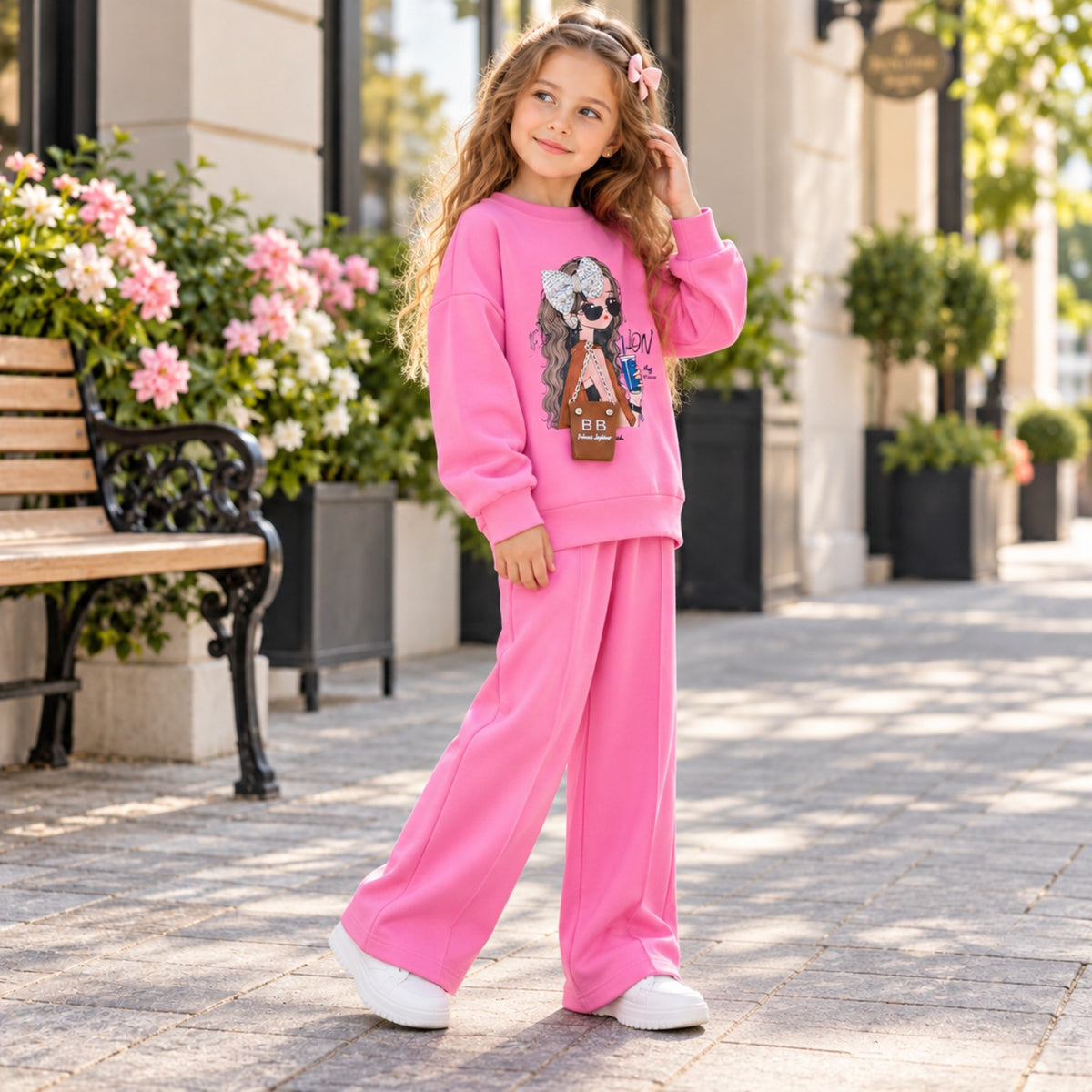 Girls' pink graphic sweatshirt set - side angle
