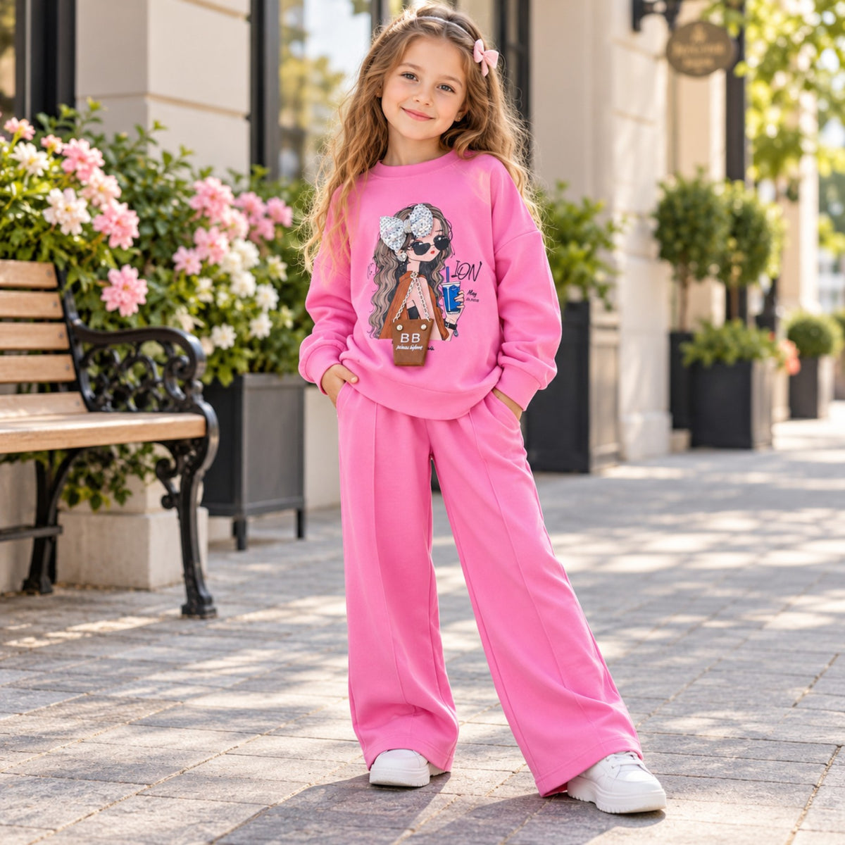 Girls' pink fashion girl sweatshirt and wide-leg pants outfit - front view
