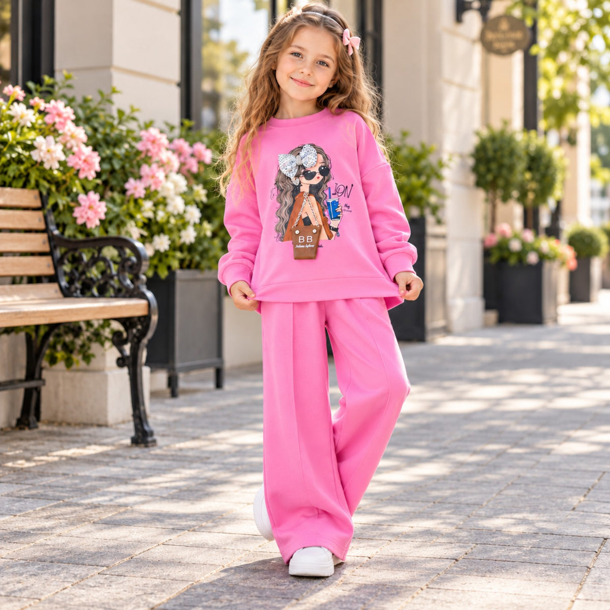 Girls' comfortable pink Oysha fabric tracksuit - full look