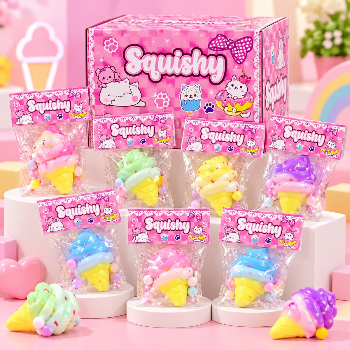 Kawaii ice cream squishy toys display with pink box
