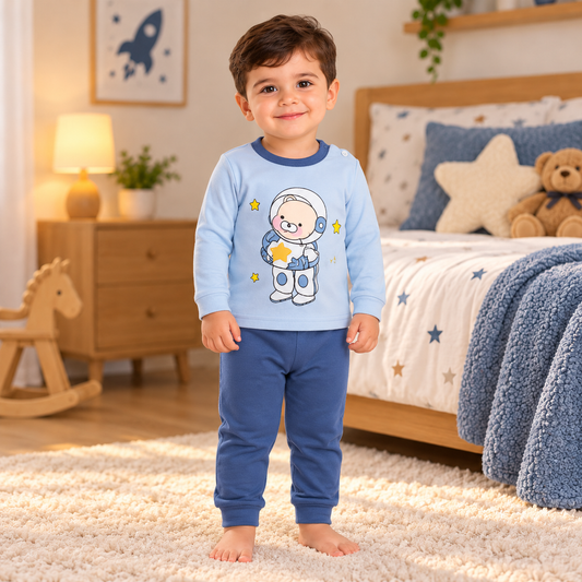 Kids cotton astronaut pajama set on toddler in bedroom