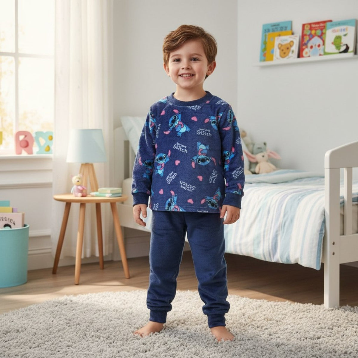 Kids navy blue Stitch warm fleece pajama set, printed long sleeve top and matching plain navy blue pants for boys and girls