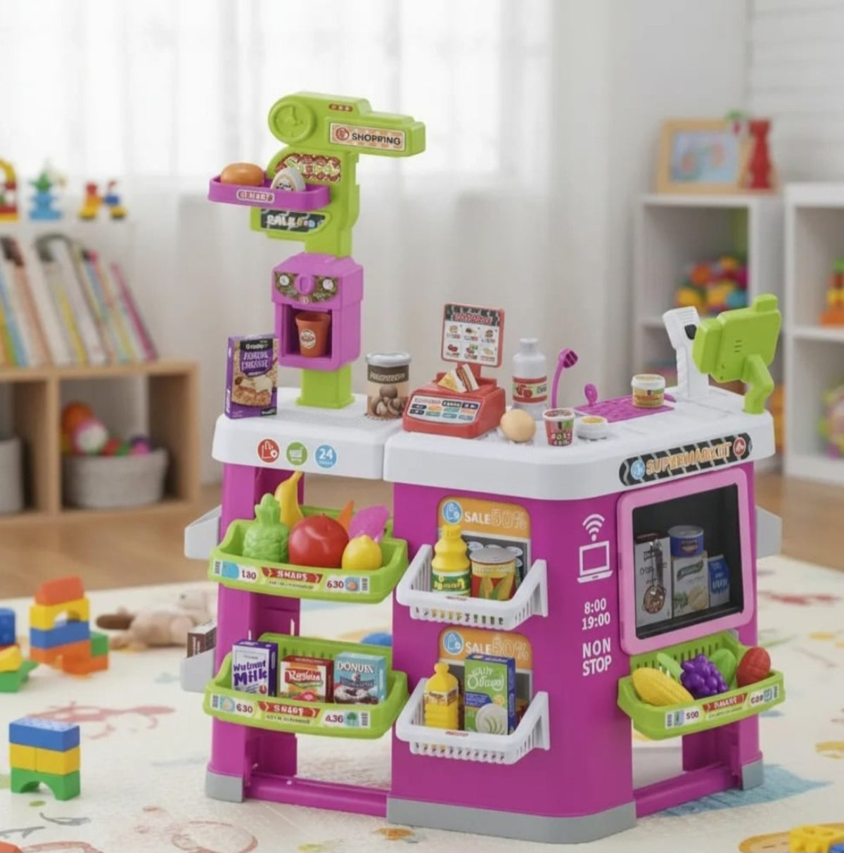 Supermarket toy displayed with storage and checkout