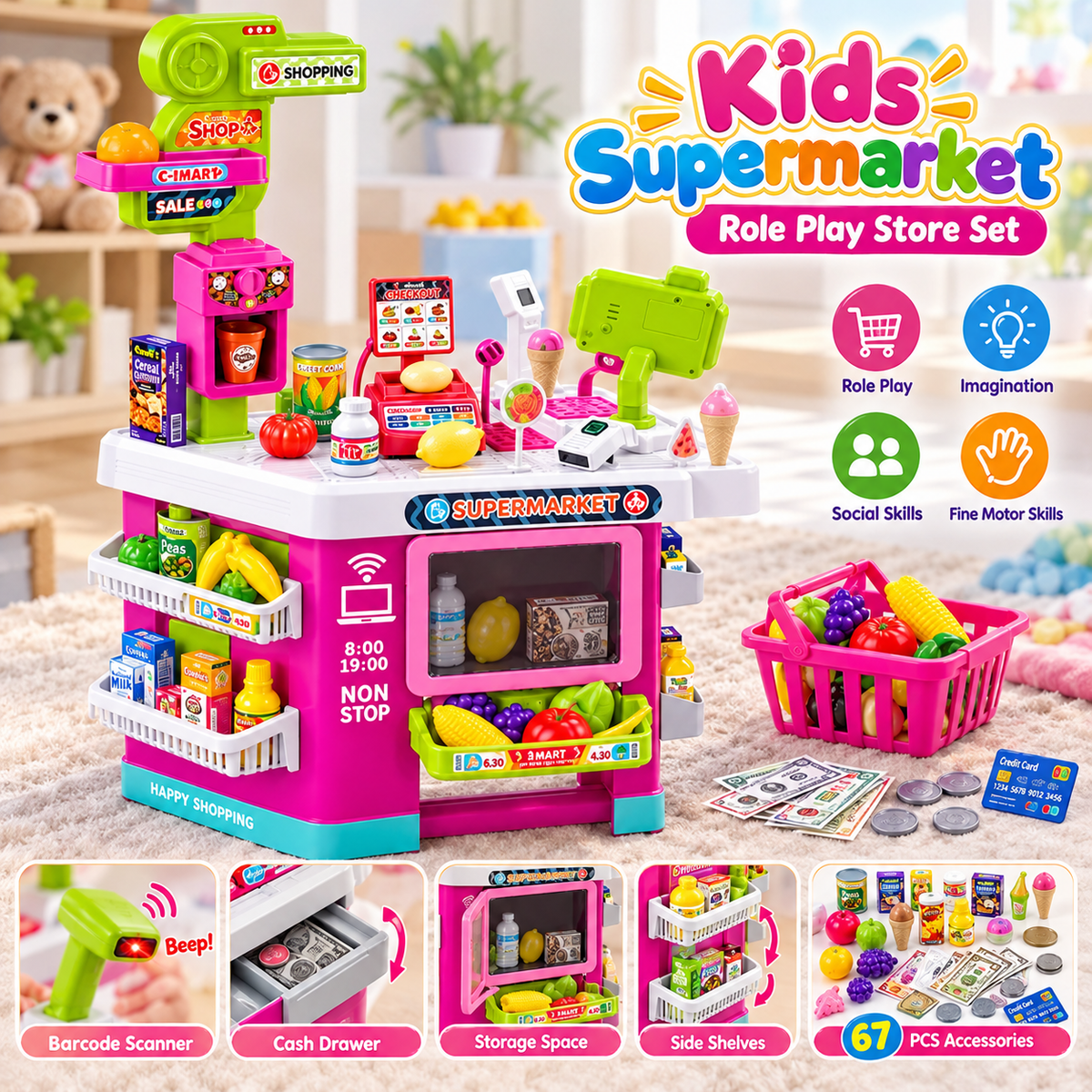 Kids supermarket role play set, 67 pieces, square product photo