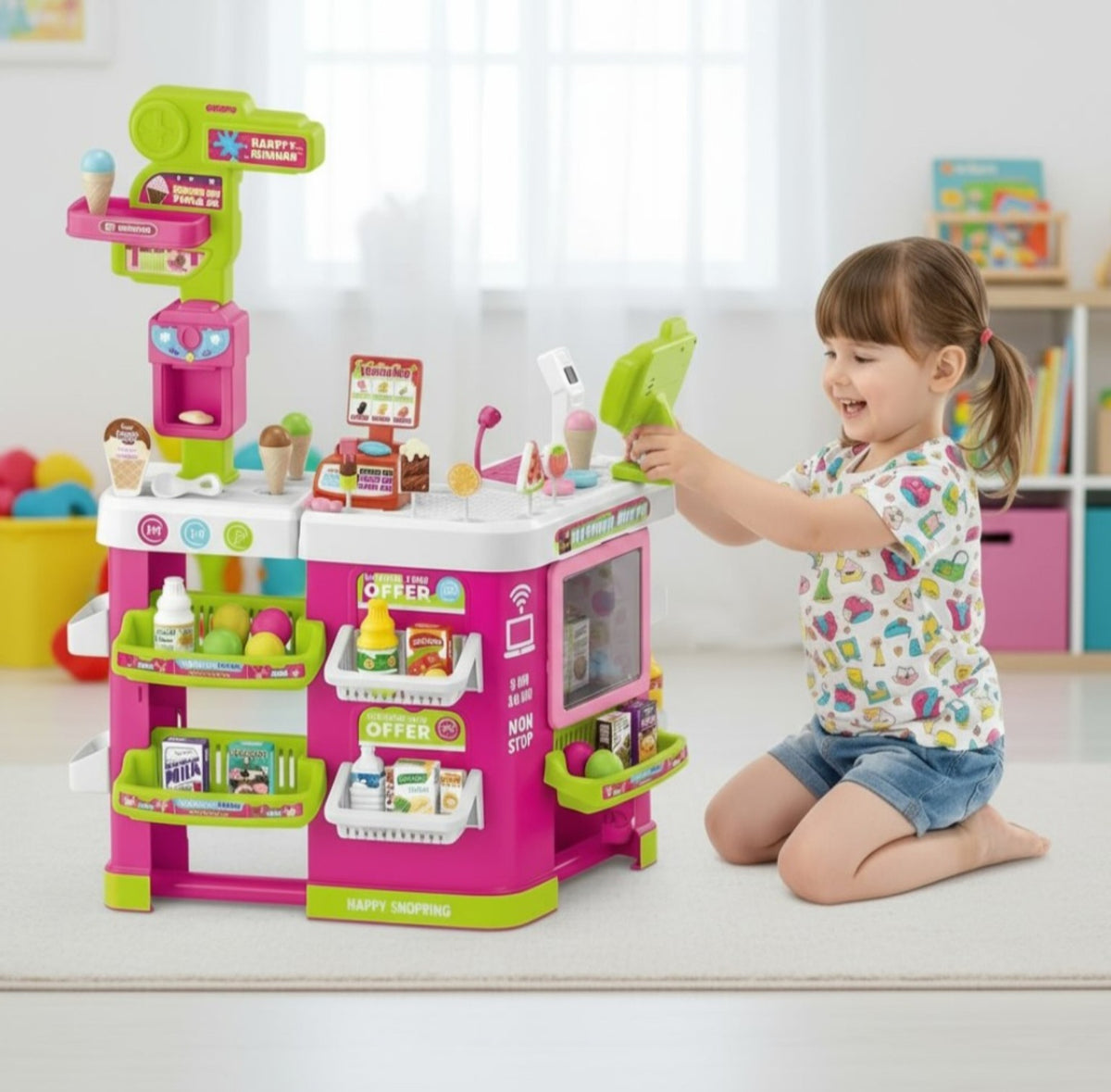 Child playing with the supermarket shopping playset