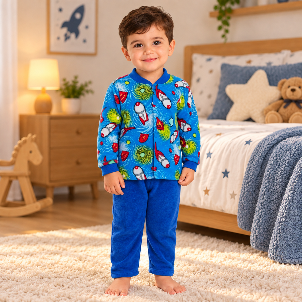 Kids warm blue rocket pajama set on toddler in bedroom