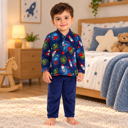 Kids warm dark blue rocket pajama set on toddler in bedroom