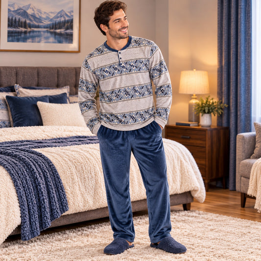 Men wearing warm blue geometric fleece pajama set standing in cozy bedroom