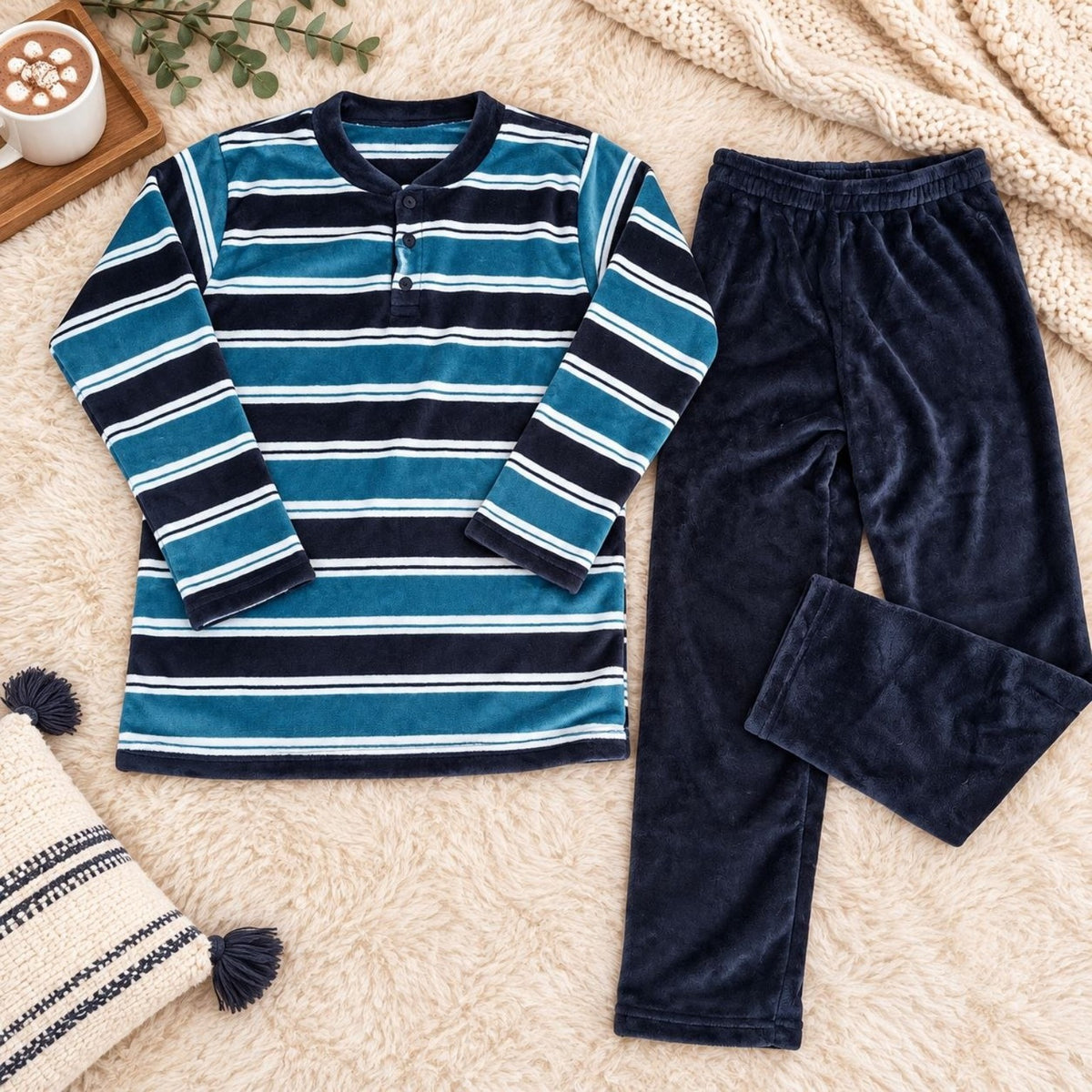 Men's navy blue and teal striped winter fleece pajama top with plain dark navy pants laid flat