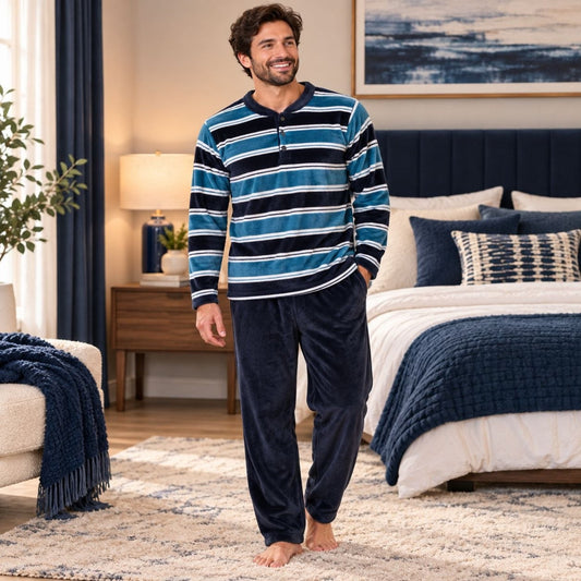 Men's warm fleece winter pajama set with navy blue teal striped top and matching solid navy pants on model