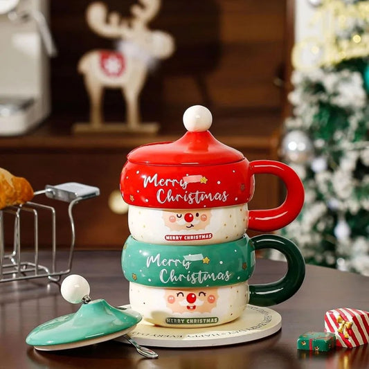 Merry Christmas ceramic mugs with lids in red and green