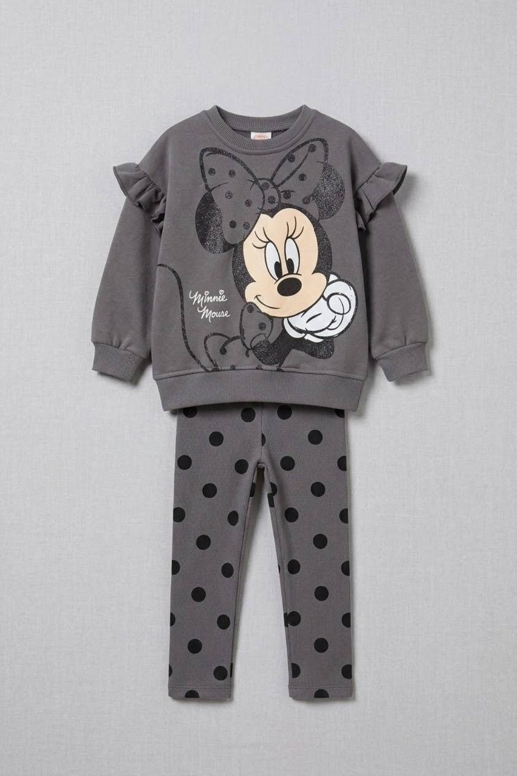 Grey Minnie Mouse cotton two piece outfit flat lay
