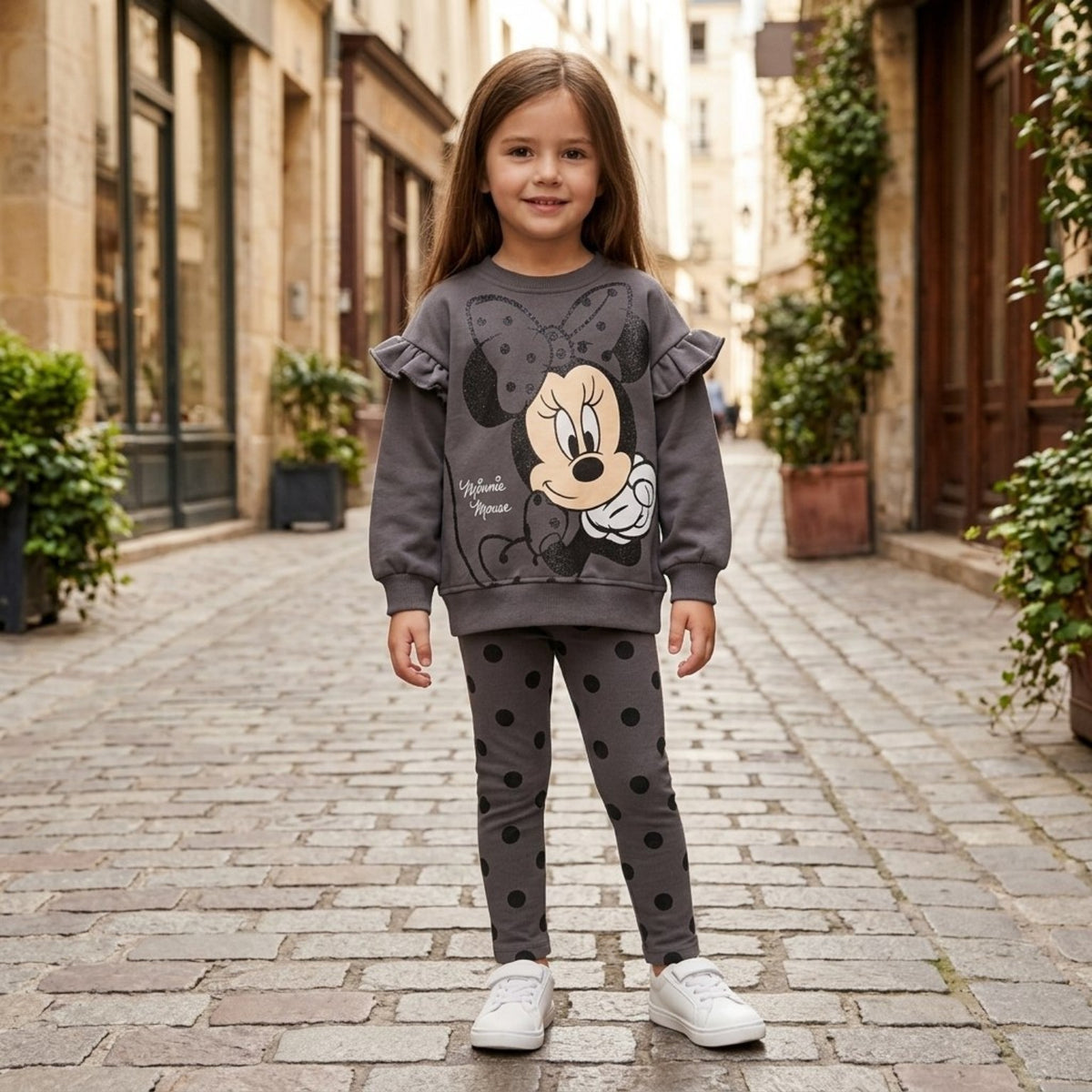 Girl wearing grey Minnie Mouse sweatshirt with matching polka dot leggings