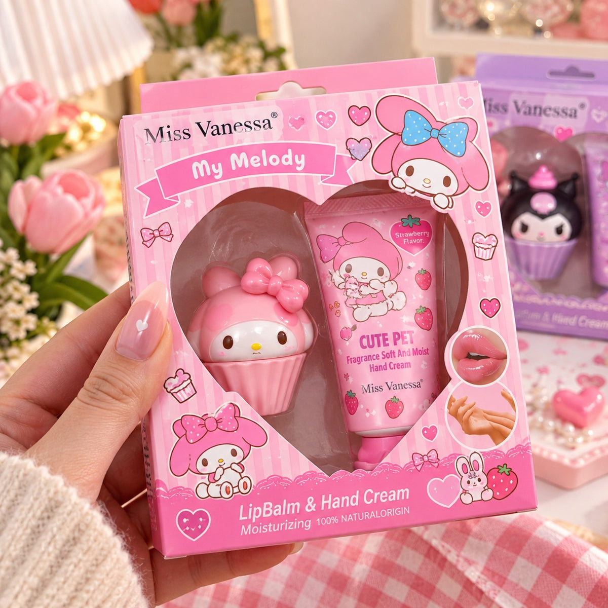Four Miss Vanessa lip balm and hand cream gift set designs