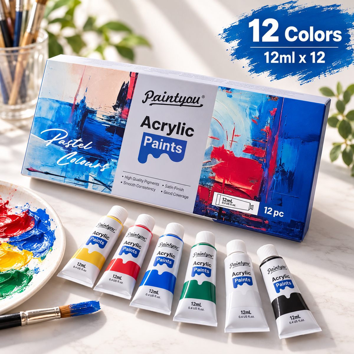 Paintyou Acrylic Paint Set 12 Colors x 12ml with paint tubes