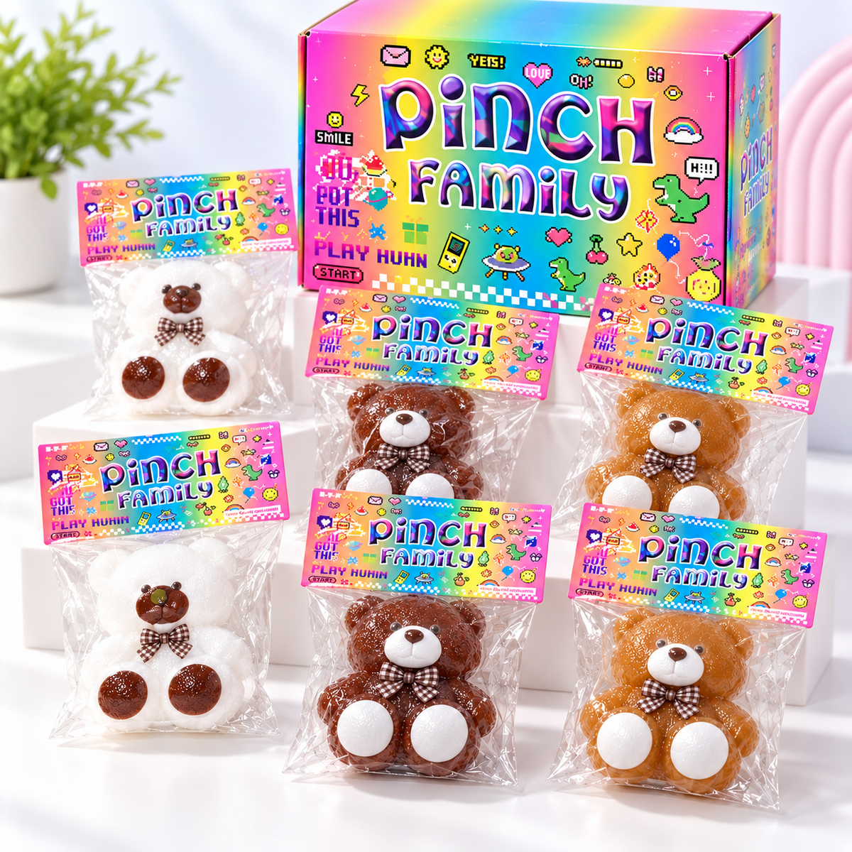 Pinch Family bear squishy display with packaging