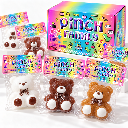 Pinch Family bear squishy toy in white, dark brown and caramel