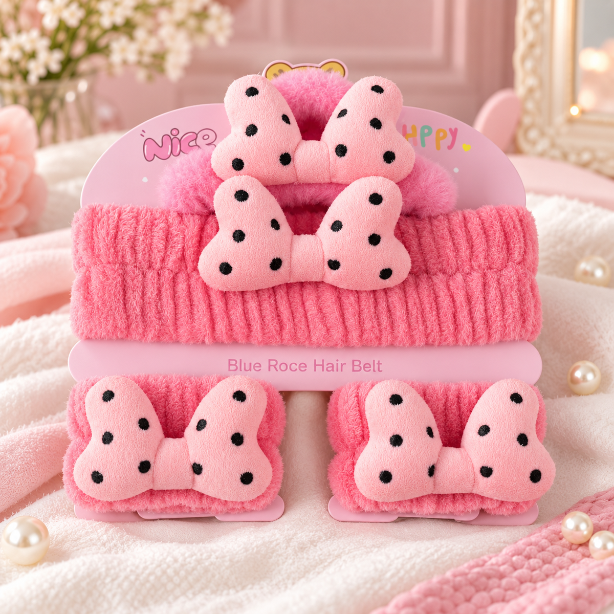 Pink 4 piece polka dot bow hair accessories set