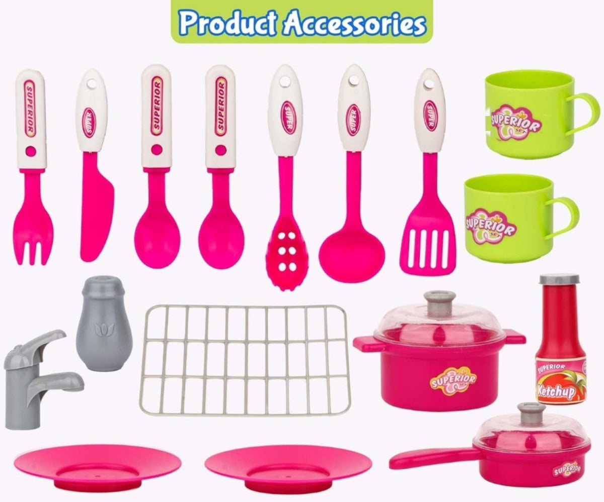 Detailed toy cookware, kitchen accessories, plates and cups without reseller branding