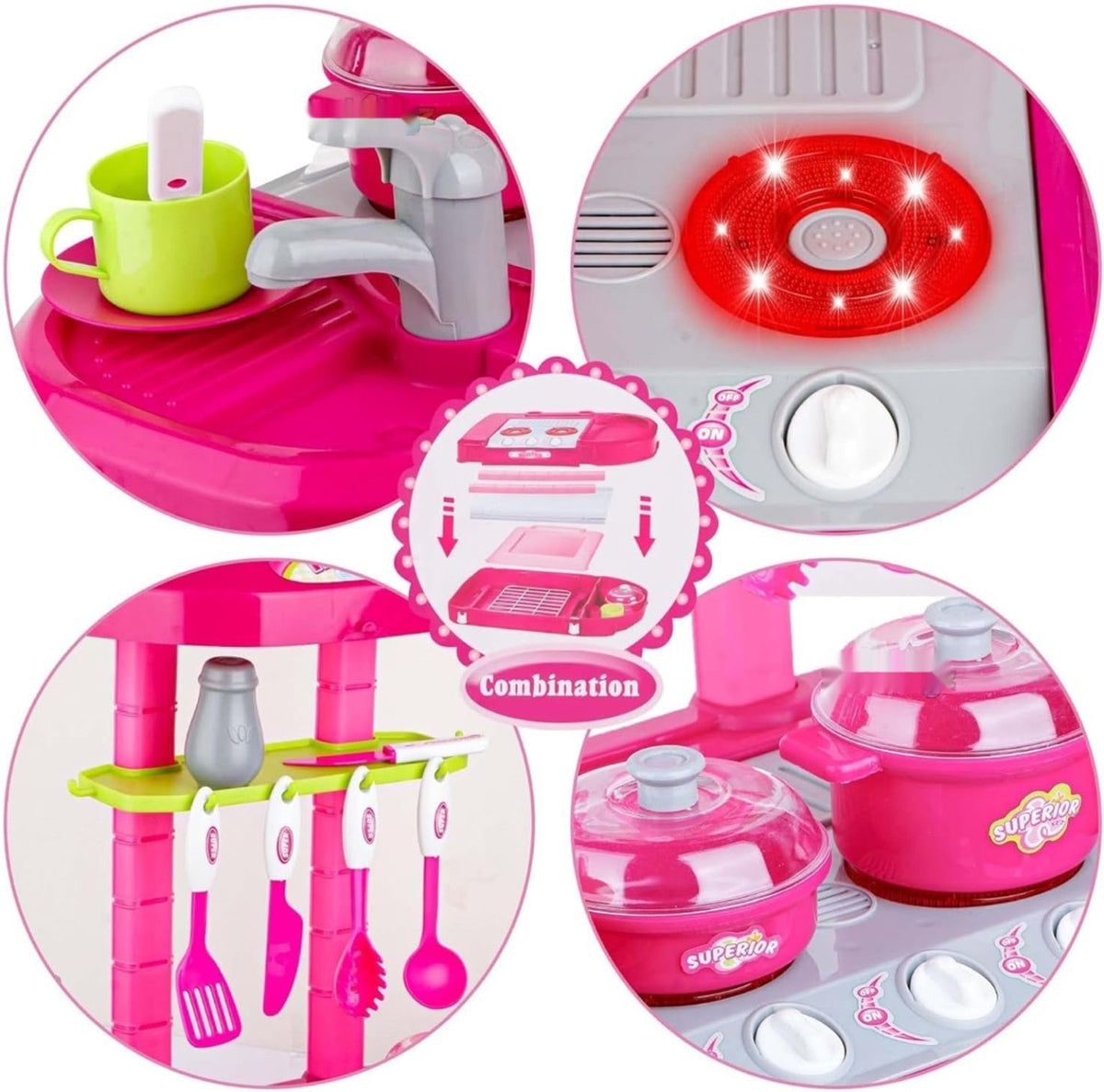 Play kitchen sink, light-up stove, hanging utensils, oven feature close-ups
