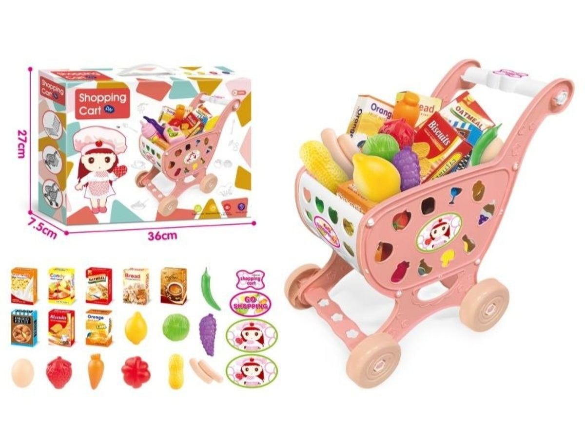 Pink shopping cart with toy food and box dimensions