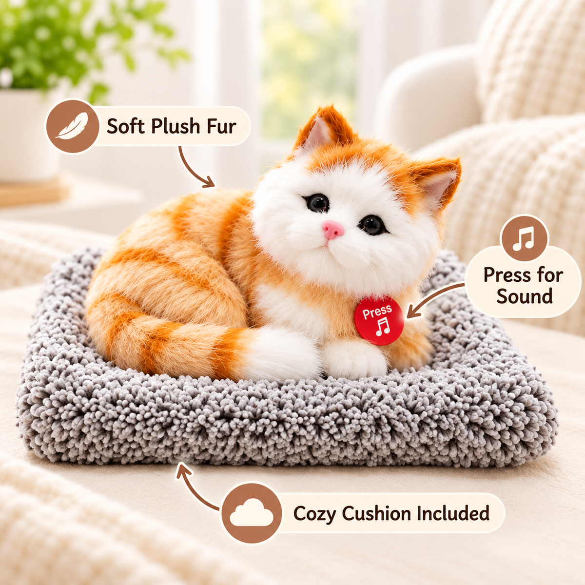 Black and white realistic plush cat with sound and cozy cushion