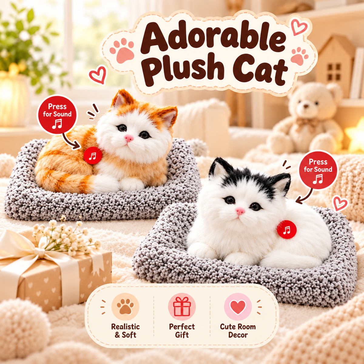 Realistic plush cats with sound styled as a gift and room decor