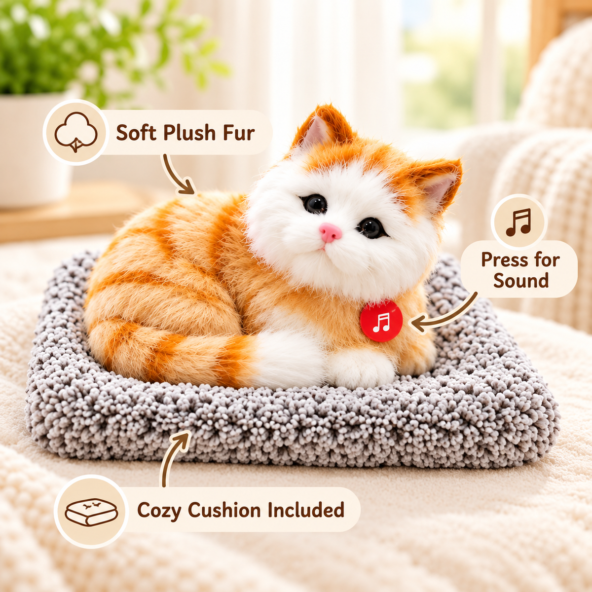 Orange and white realistic plush cat with sound and cozy cushion