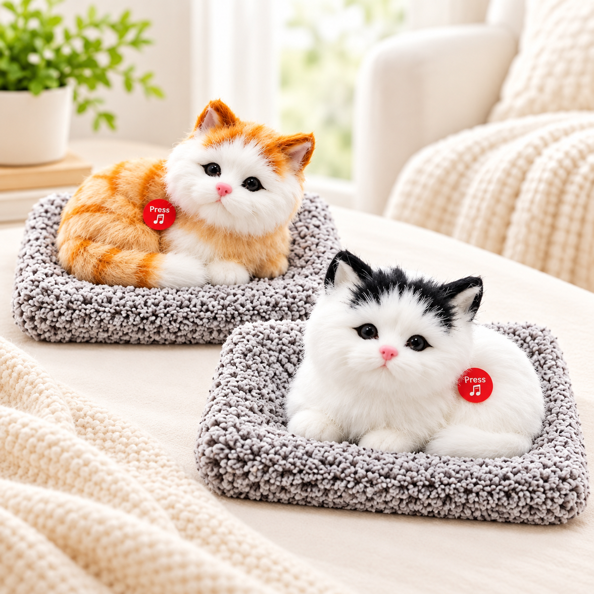 Realistic plush cat toy with sound and cushion in orange white and black white