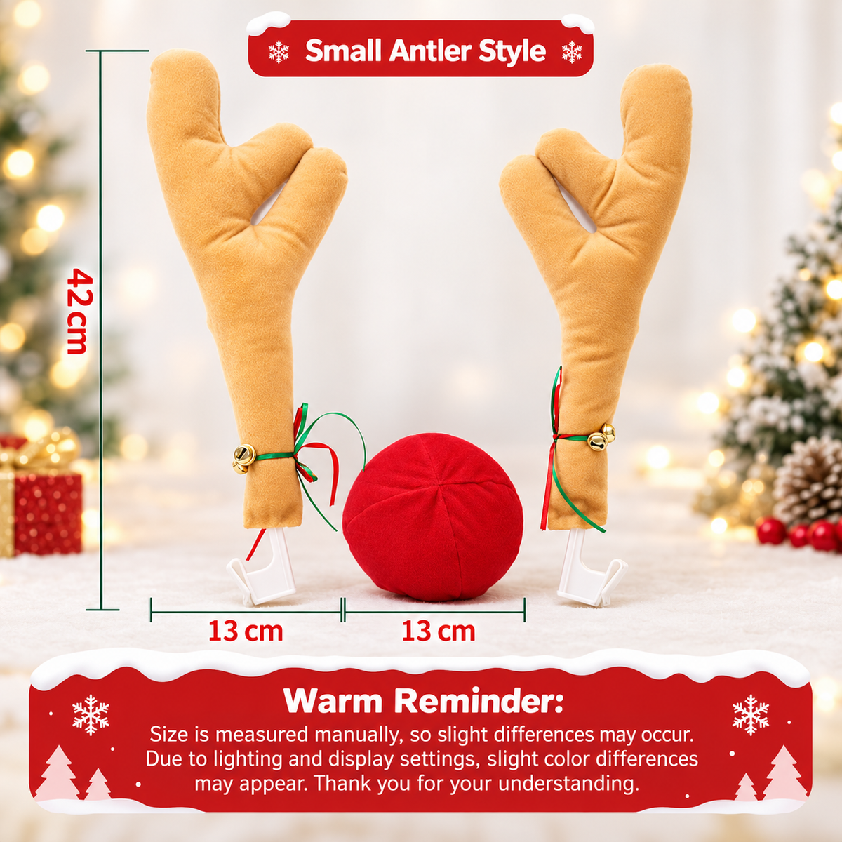 Reindeer car decoration set size guide, 42 cm antlers, 13 cm nose