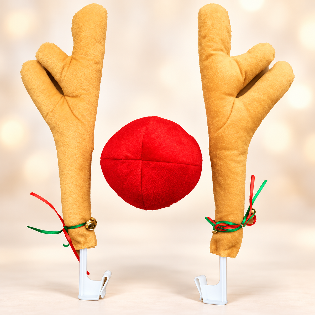 Christmas reindeer car decoration set, two plush antlers and one red nose
