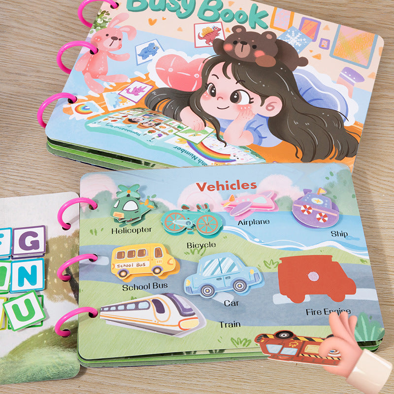Open Montessori busy book showing colorful learning activities for kids