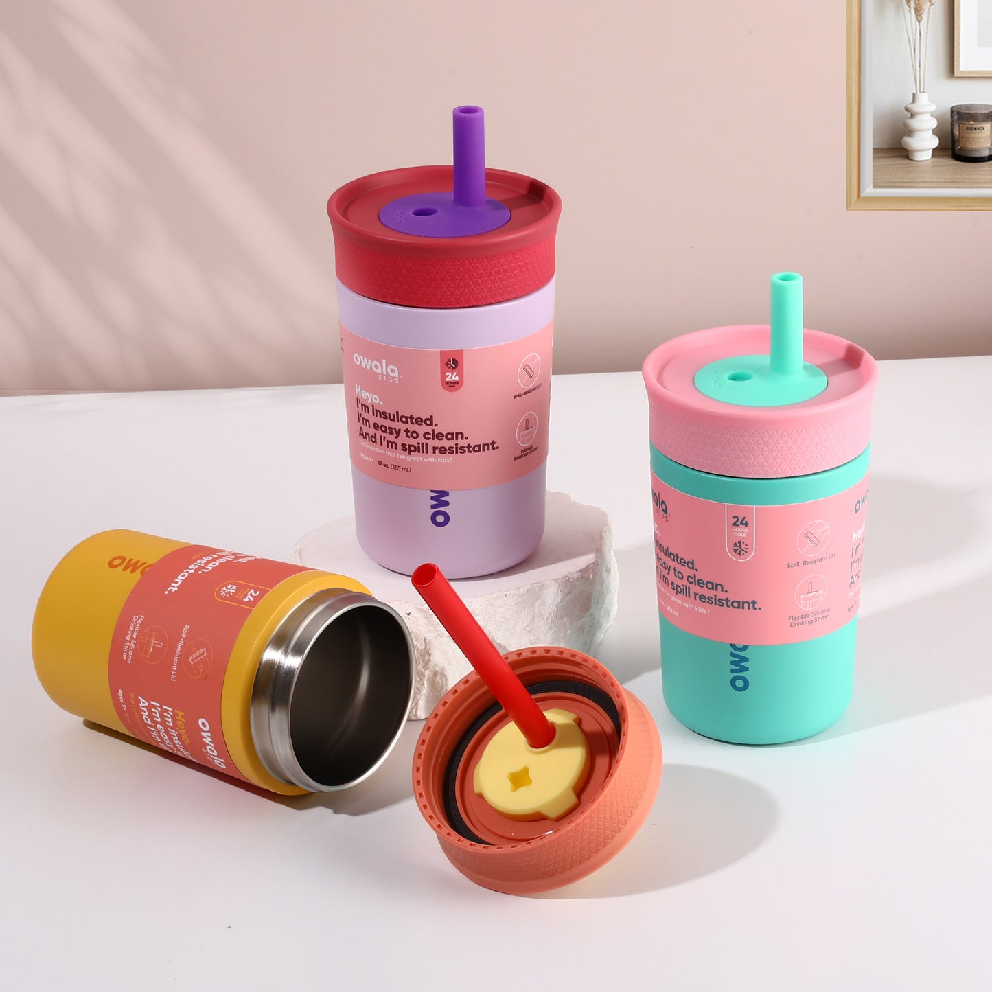 Owala Kids Bottle Stainless Steel Flexible Silicone Drinking Straw Spill-Resistant Lid 355ml