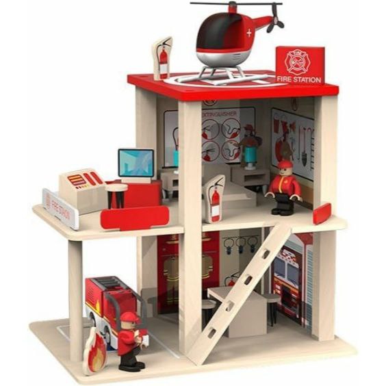 Fire Station Wooden Playset Toy Stimulates Key Motor Skills and Promotes Team Play