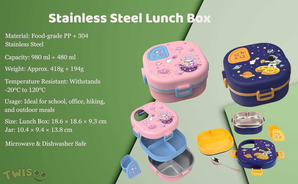 Lunch Box Bento Stainless Steel Space | +Spoon | 19×19×9cm