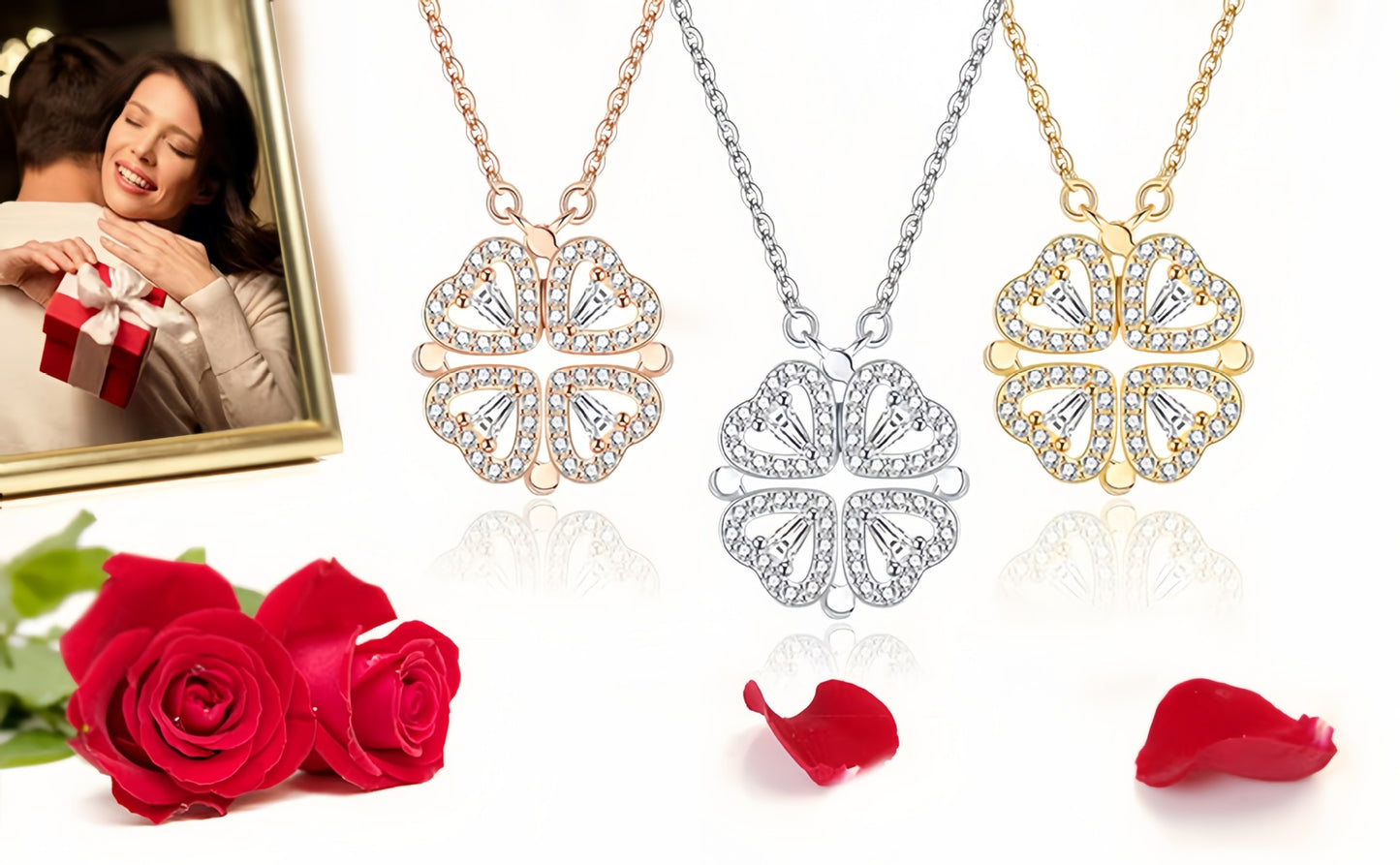 Valentine’s Day Gift – Stainless Necklace with Preserved Red Roses | Luxury Gift Box +Bag