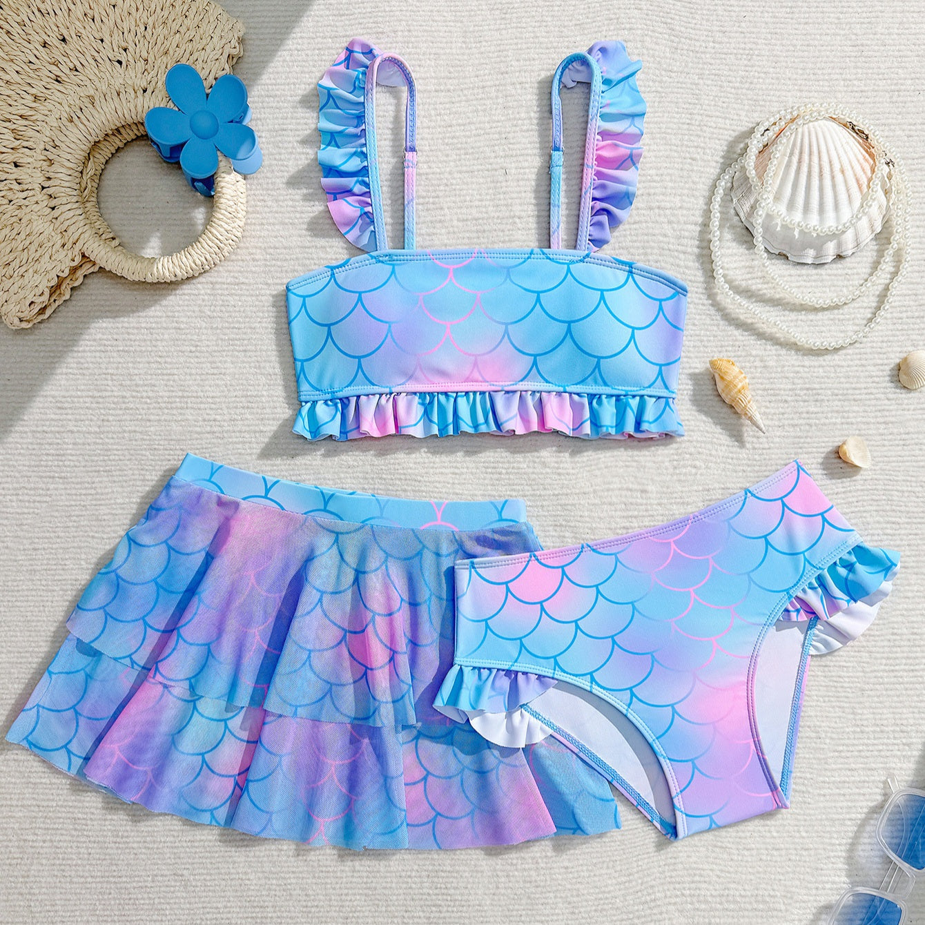 Girl 3-Piece Mermaid Print Swimwear Set | Size 8-12y