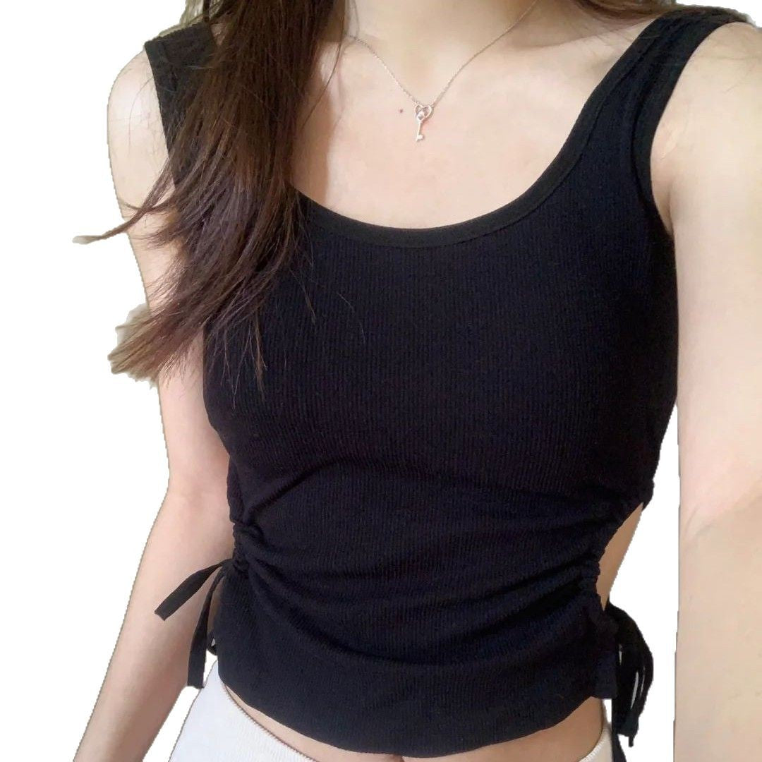 Black Ribbed Side-Cutout Tank Top for Girls | Size 2-12y