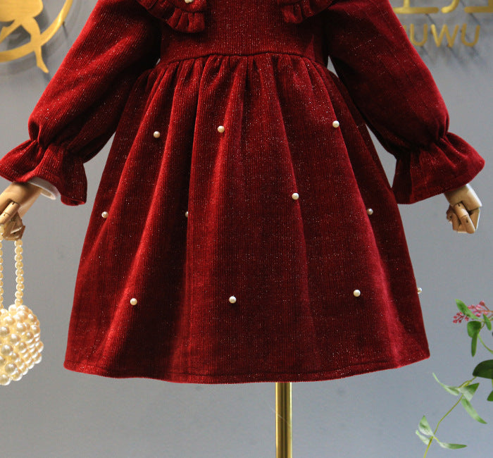 Girls' Burgundy Velvet Dress with Bow | 1–7Y