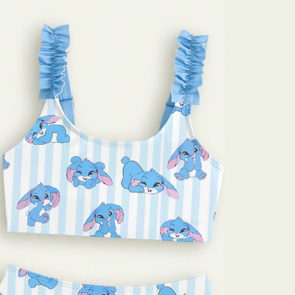 Blue & Pink Bunny Swimsuit Stripe 2pcs | Size 4-7Y