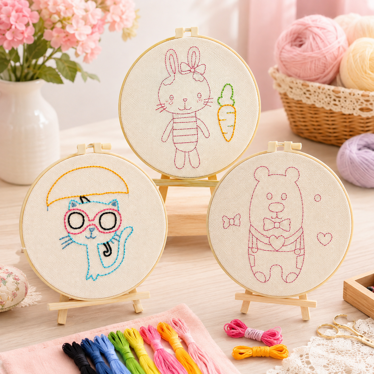 DIY Kids Embroidery Kit with Hoop, Stand & Colorful Yarn – Assorted Animal Designs