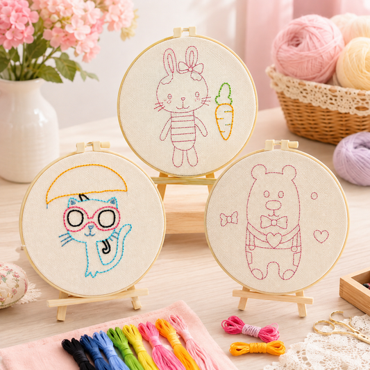 DIY Kids Embroidery Kit with Hoop, Stand & Colorful Yarn – Assorted Animal Designs