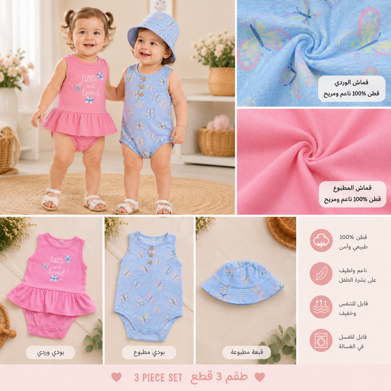 3 Pieces Baby Girls Butterfly Cotton Set | Size 3-24M