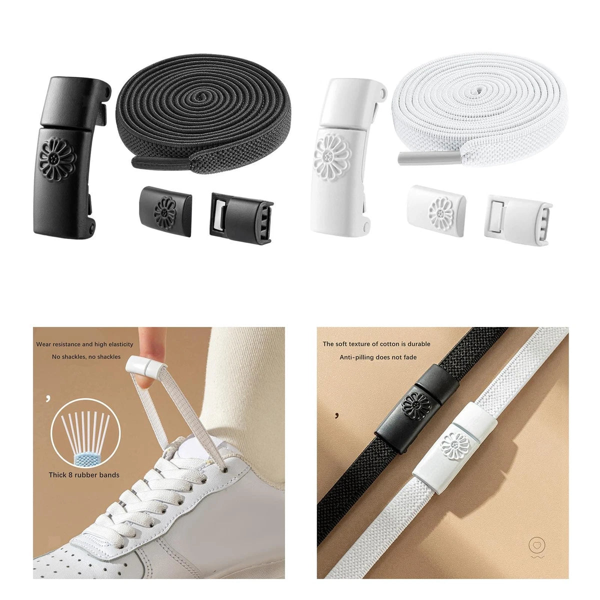 No Tie Elastic Shoelaces 100cm Black Or White