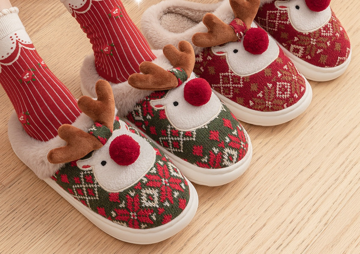 Christmas Reindeer Plush Slippers – Red & Green | 36–43