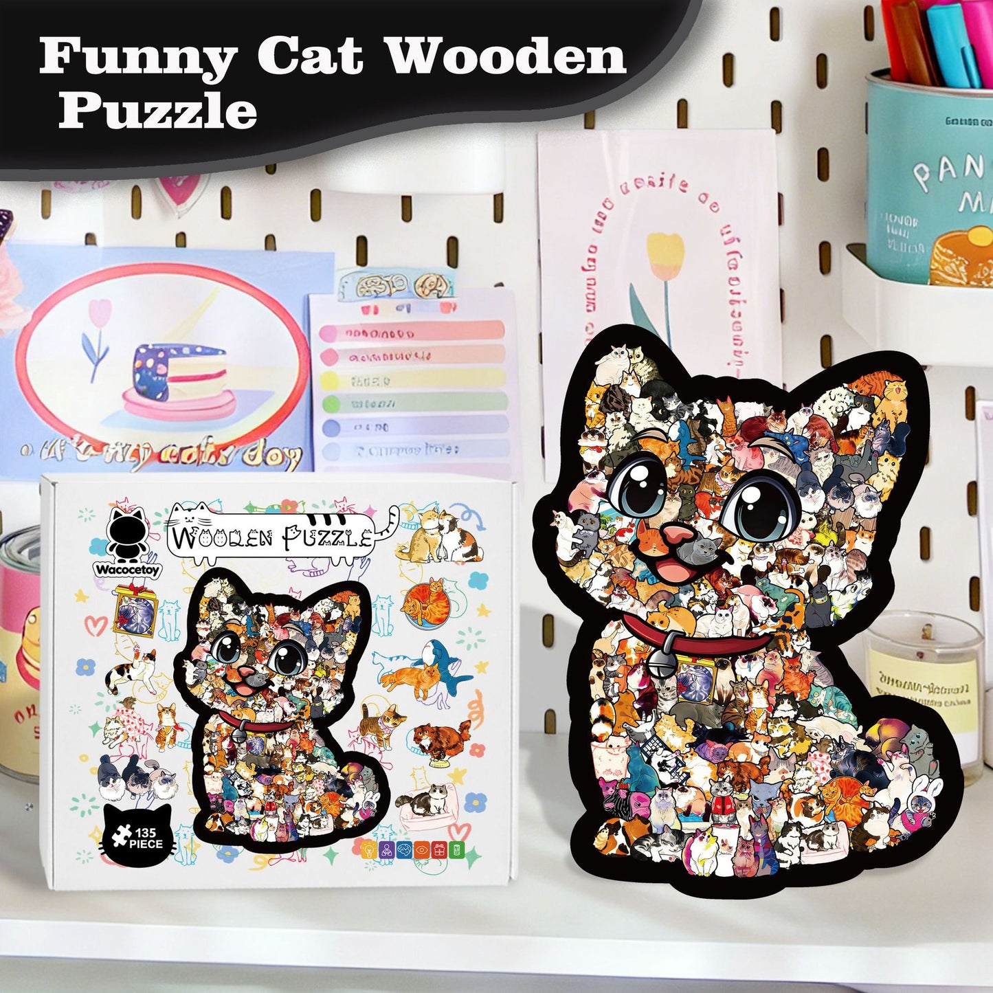 Funny Cat Wooden Puzzle – 135 Pieces | DIY Animal Jigsaw for Kids & Adults | 26002