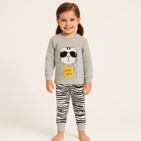 Pijama For Kids Long Sleeve Cool Cat Design Size 5-6y