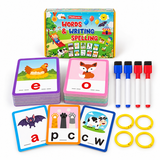 Words & Spelling Educational Flashcards Set – 100 Cards + 4 Pens | Size 13×9×5.5cm | 3+