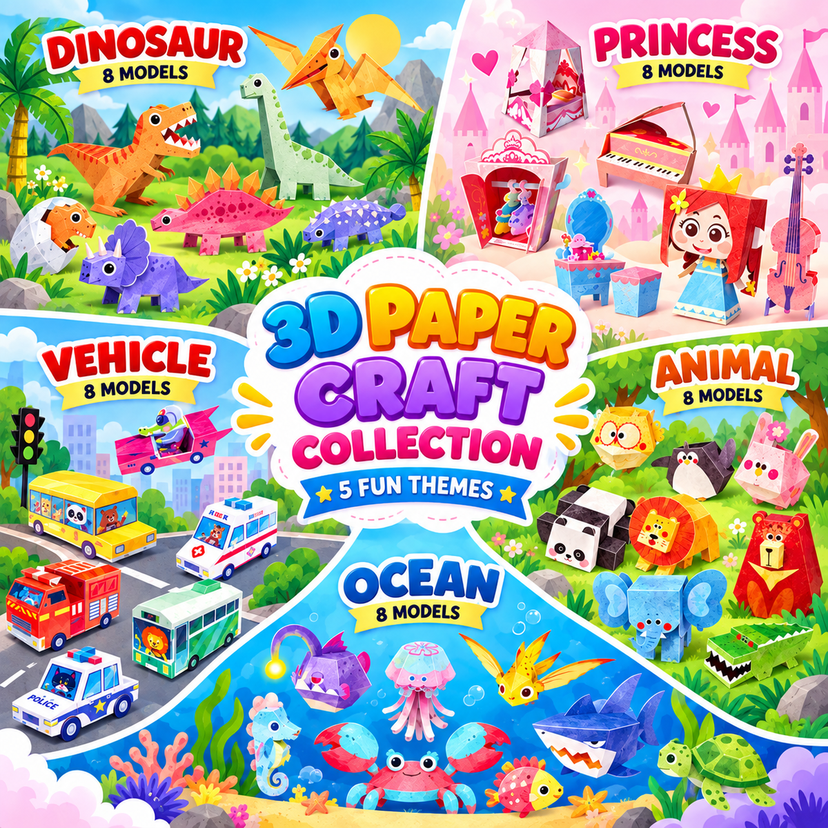 3D Paper Craft Kit for Kids – 5 Designs | 3+
