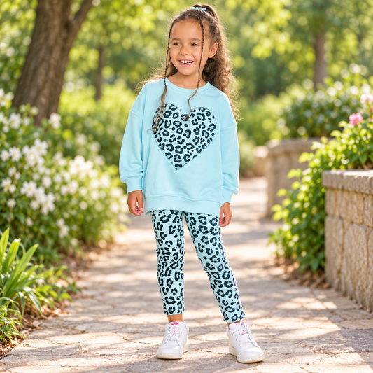 Kids’ 100% Cotton Blue Leopard Heart Outfit / 2–8Y